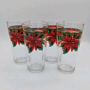 4 Vintage KIG Indonesia Christmas Poinsettia Flower Ribbon Bow Glass Tumblers